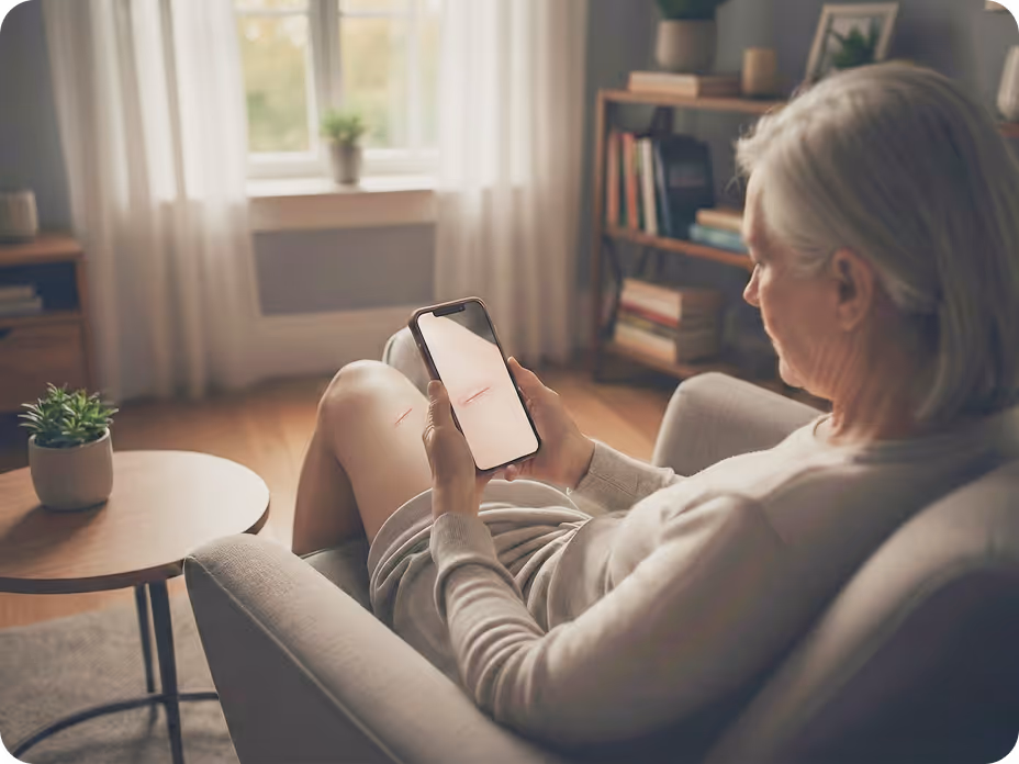 Elderly woman sitting in an armchair looking at a smartphone with the image of a scar on her leg.