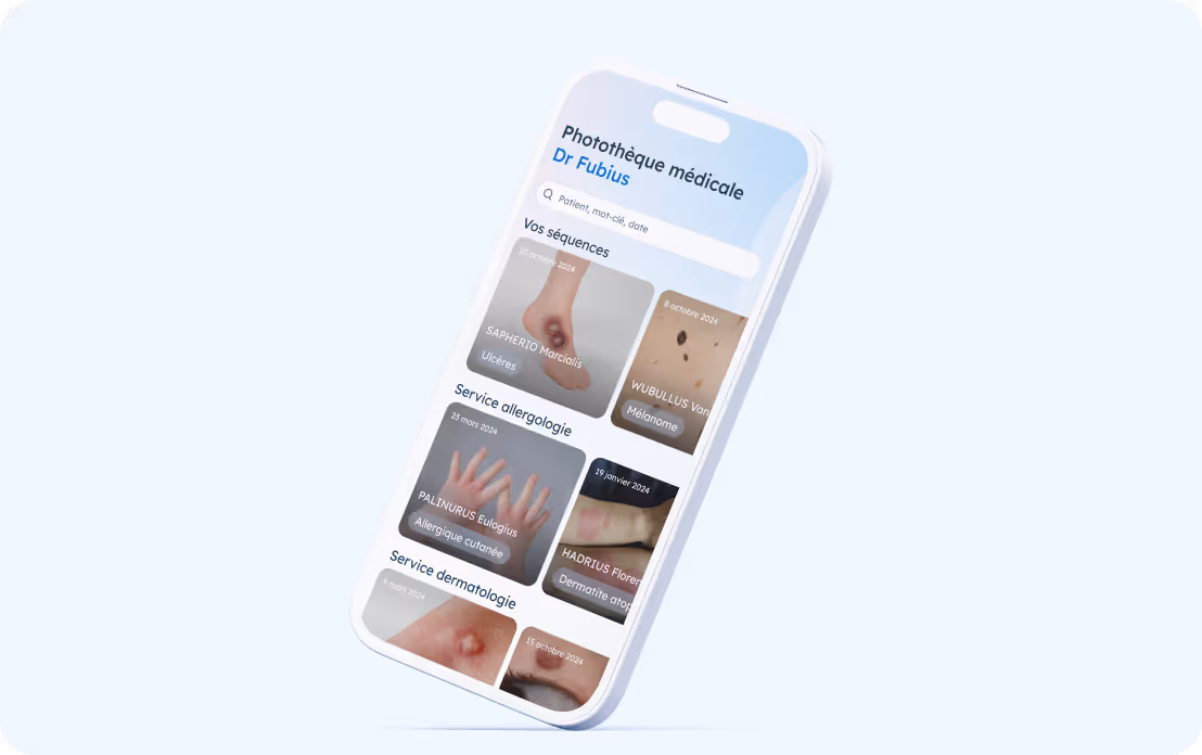 The Pixacare medical photo library application displaying images of dermatological cases with diagnostic labels and dates.