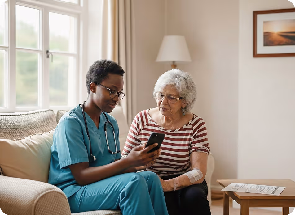 A nurse in a blue outfit shows something on a cell phone to an elderly woman with a band on her arm, sitting on a couch in a living room.