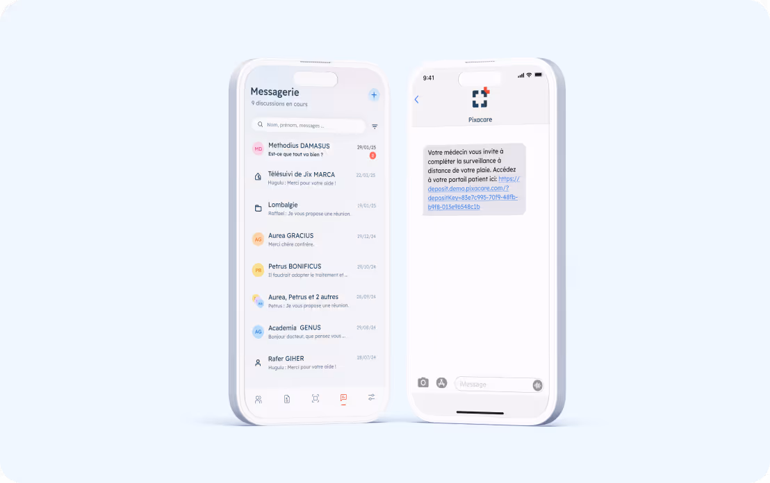 Deux téléphones affichant l'application de messagerie sécurisée Pixacare, avec une liste de conversations sur le premier écran et un message d'invitation à compléter une surveillance médicale à distance sur le second.