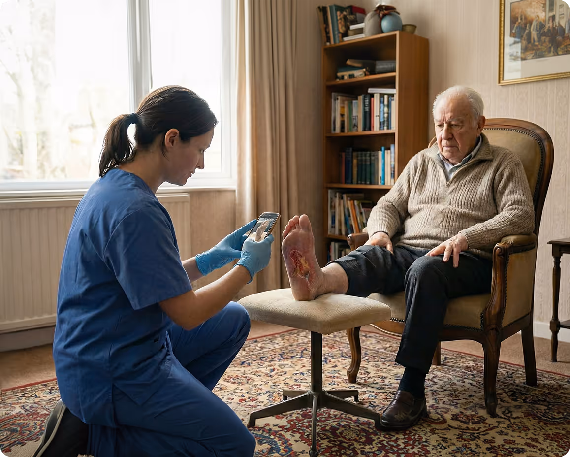 Infirmière en uniforme bleu prenant en photo une plaie sur le pied d'un homme âgé assis sur un fauteuil dans une maison.