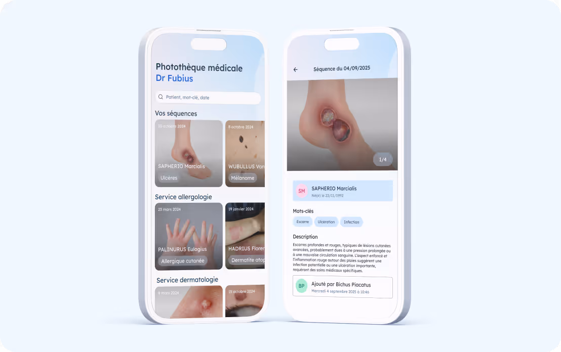 Pixacare application showing a medical photo library with patient sequences for allergology and dermatology, and a detailed view of a red and ulcerated skin lesion on one foot.