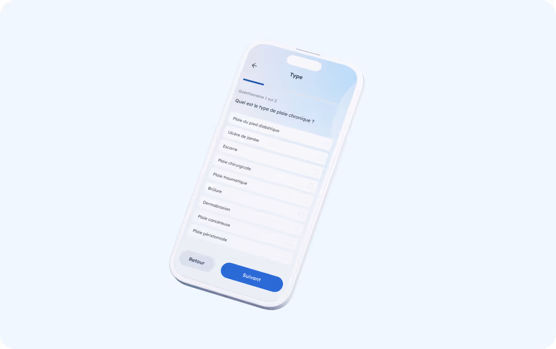 Pixacare application displaying a questionnaire on the type of chronic wound with various options to select.