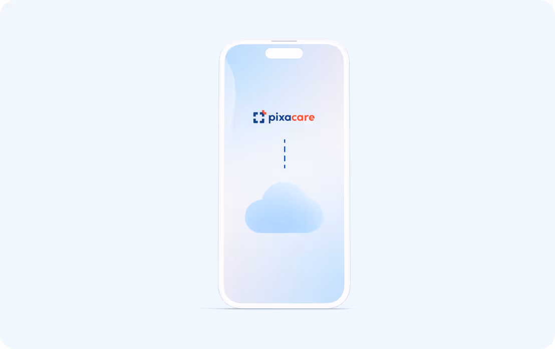 Pixacare application displaying the Pixacare logo above a blue cloud icon, symbolizing cloud sync.