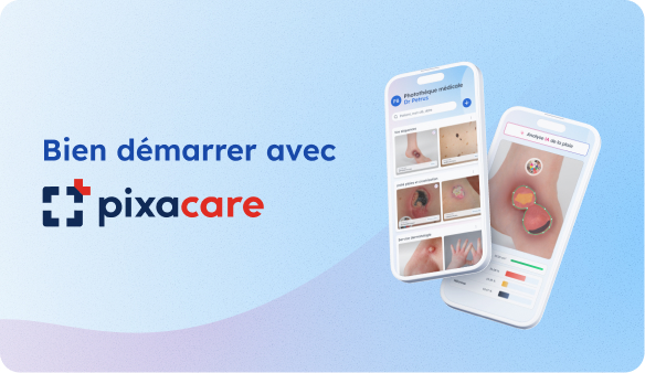 Écrans d'application mobile montrant analyse médicale de plaies avec texte Bien démarrer avec pixacare.