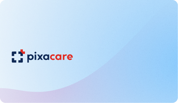 Logo Pixacare avec un symbole en forme de cadre et une croix rouge sur un fond bleu dégradé.