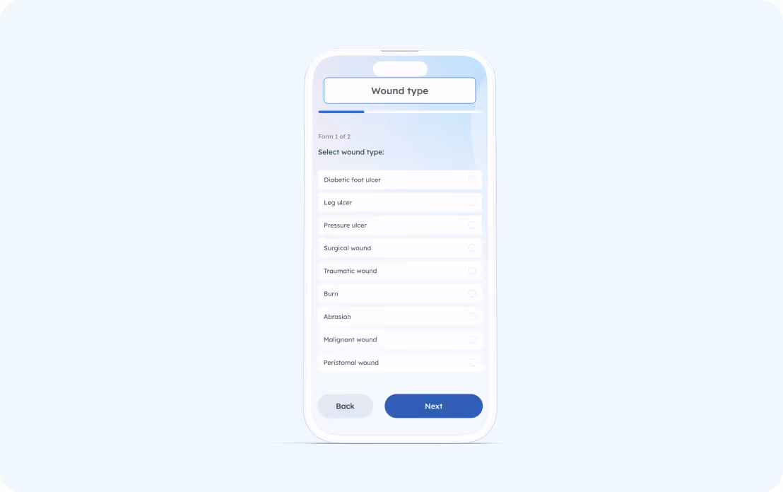 Écran d'application mobile pour sélectionner le type de plaie avec options et boutons retour et suivant.