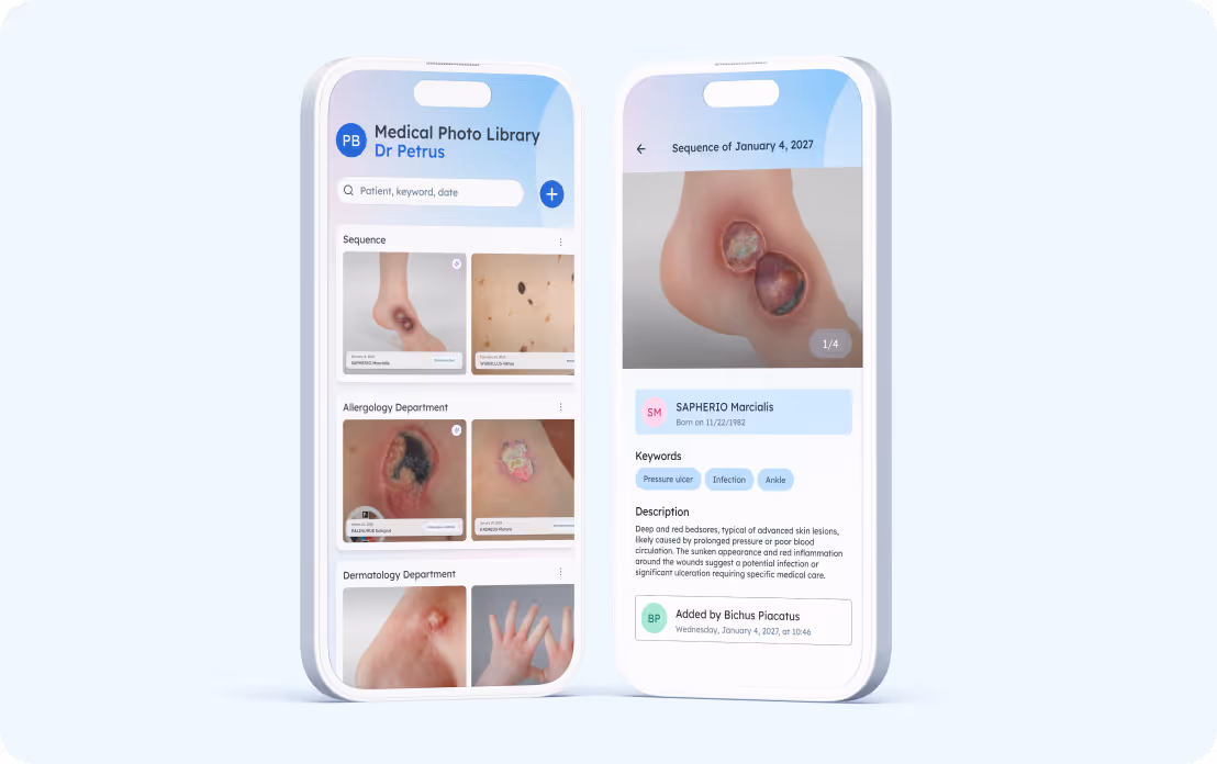 Interface d'application médicale montrant la bibliothèque photo et une lésion de la peau avec détails du patient.