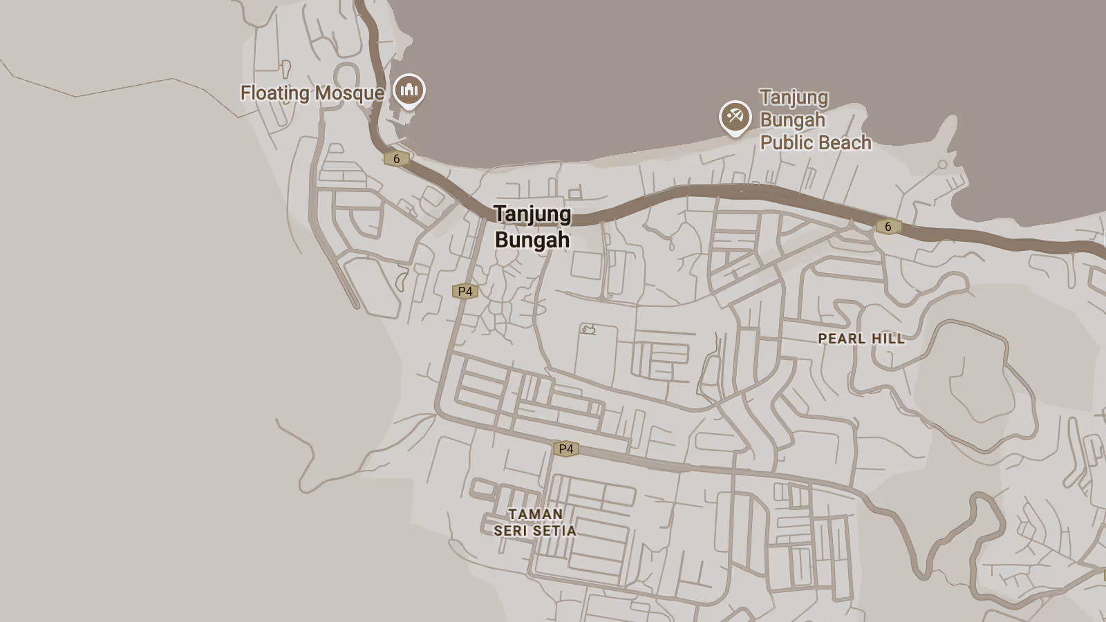 Map showing Tanjung Bungah area with landmarks including Floating Mosque, Tanjung Bungah Public Beach, Pearl Hill, and Taman Seri Setia.