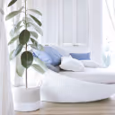 White modern curved lounge chair with blue and white pillows next to a tall potted plant in a bright room.