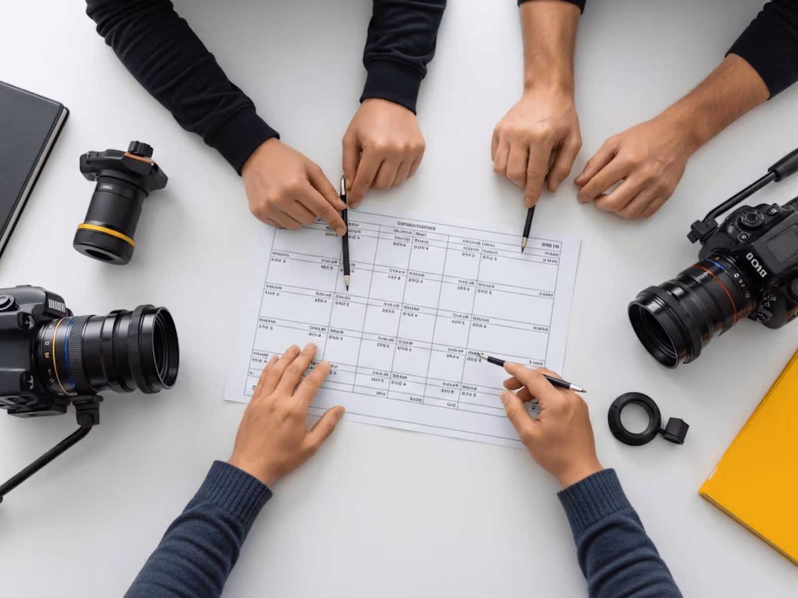 A group of people sitting around a table with camera equipment.