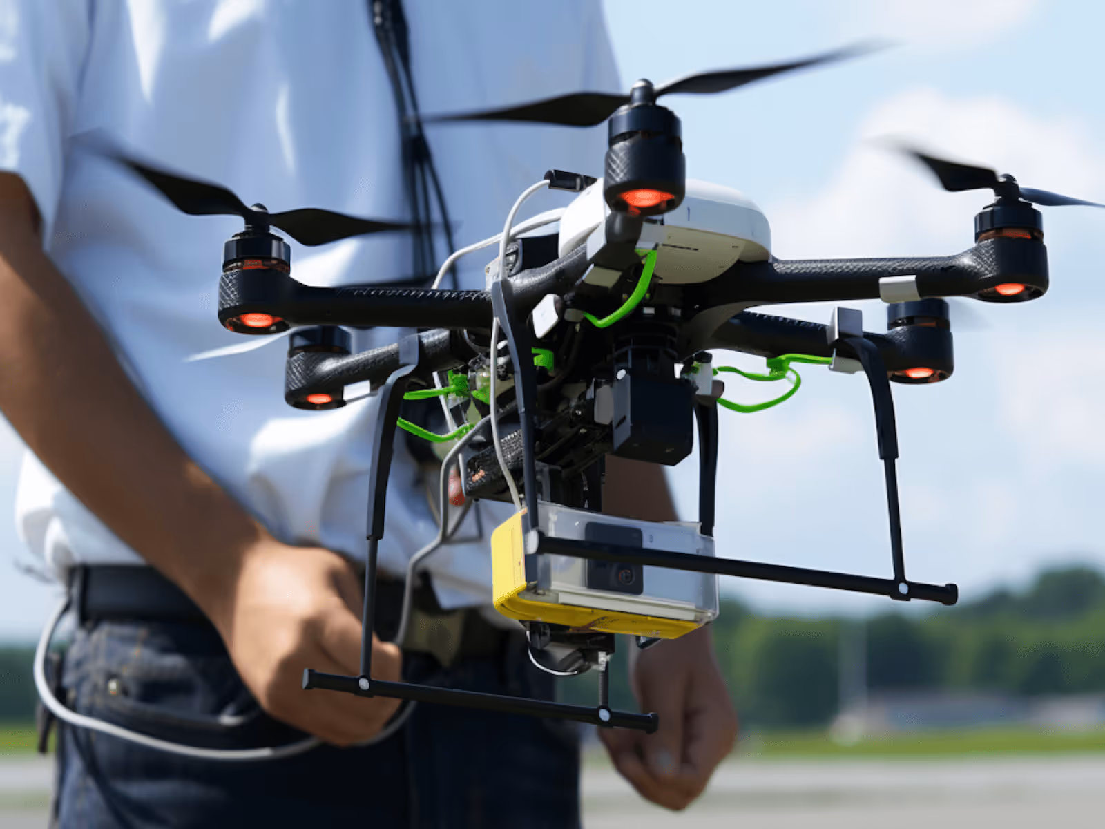 A man holding a remote controlled flying device.