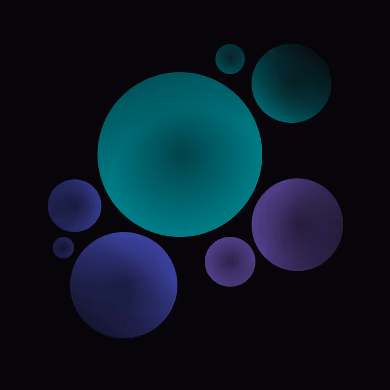 Cluster of teal, blue, and purple glowing spheres of varying sizes on a black background.