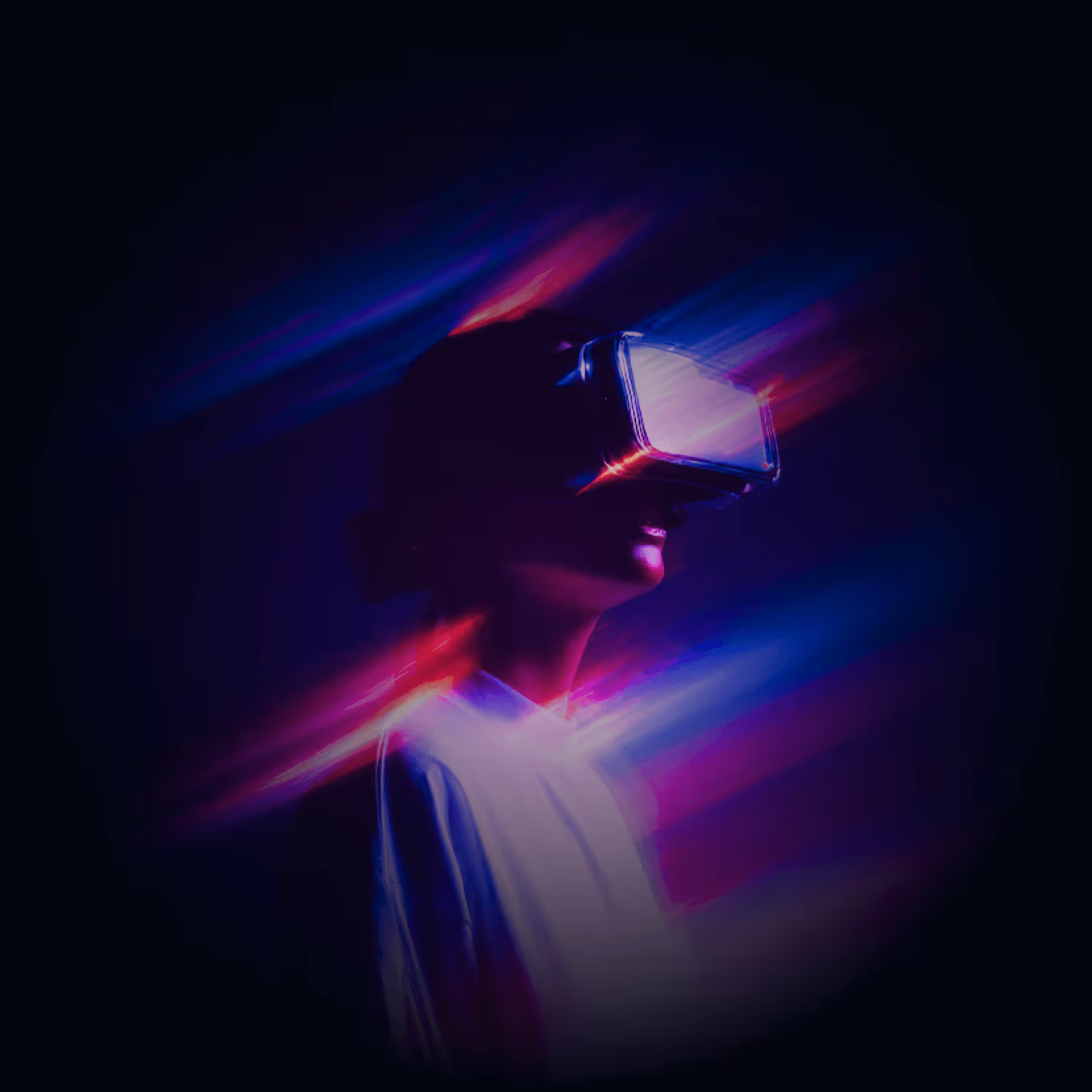Person wearing a virtual reality headset surrounded by colorful neon light streaks on a dark background.