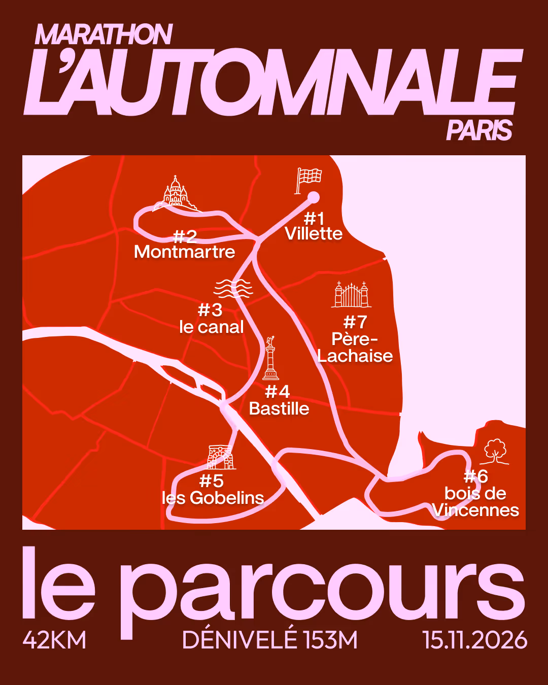 Map highlighting marathon route in Paris with seven key points and 42km distance on Nov 15, 2026.