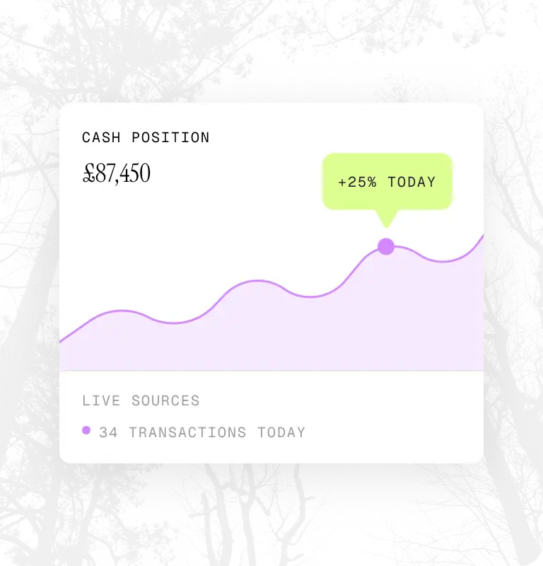 Financial card showing cash position £87,450 with 25% increase today and 34 transactions today.
