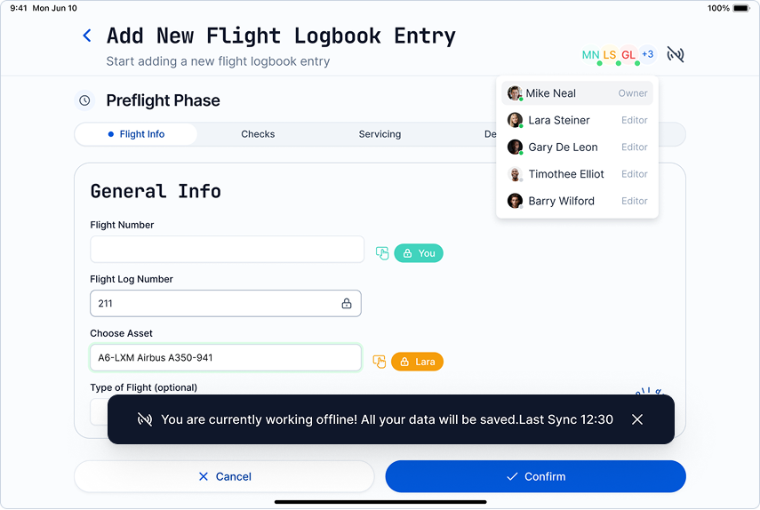 Digital flight logbook entry screen showing preflight phase with fields for flight number, log number, and aircraft selection, user status icons, and an offline data saving notification.