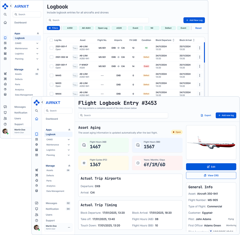 AirNXT interface showing Logbook entries for aircraft flights with flight details, conditions, and a detailed Flight Logbook Entry #3453 including asset aging, trip airports, timings, and general flight info.