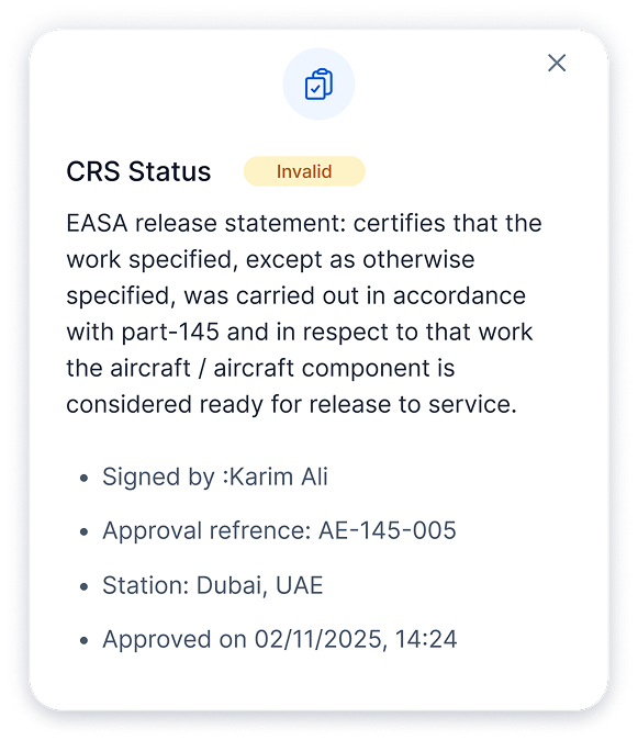 CRS Status marked as Invalid with EASA release statement certifying work per part-145 for aircraft readiness, signed by Karim Ali, approval reference AE-145-005, station Dubai UAE, approved on 02/11/2025 at 14:24.