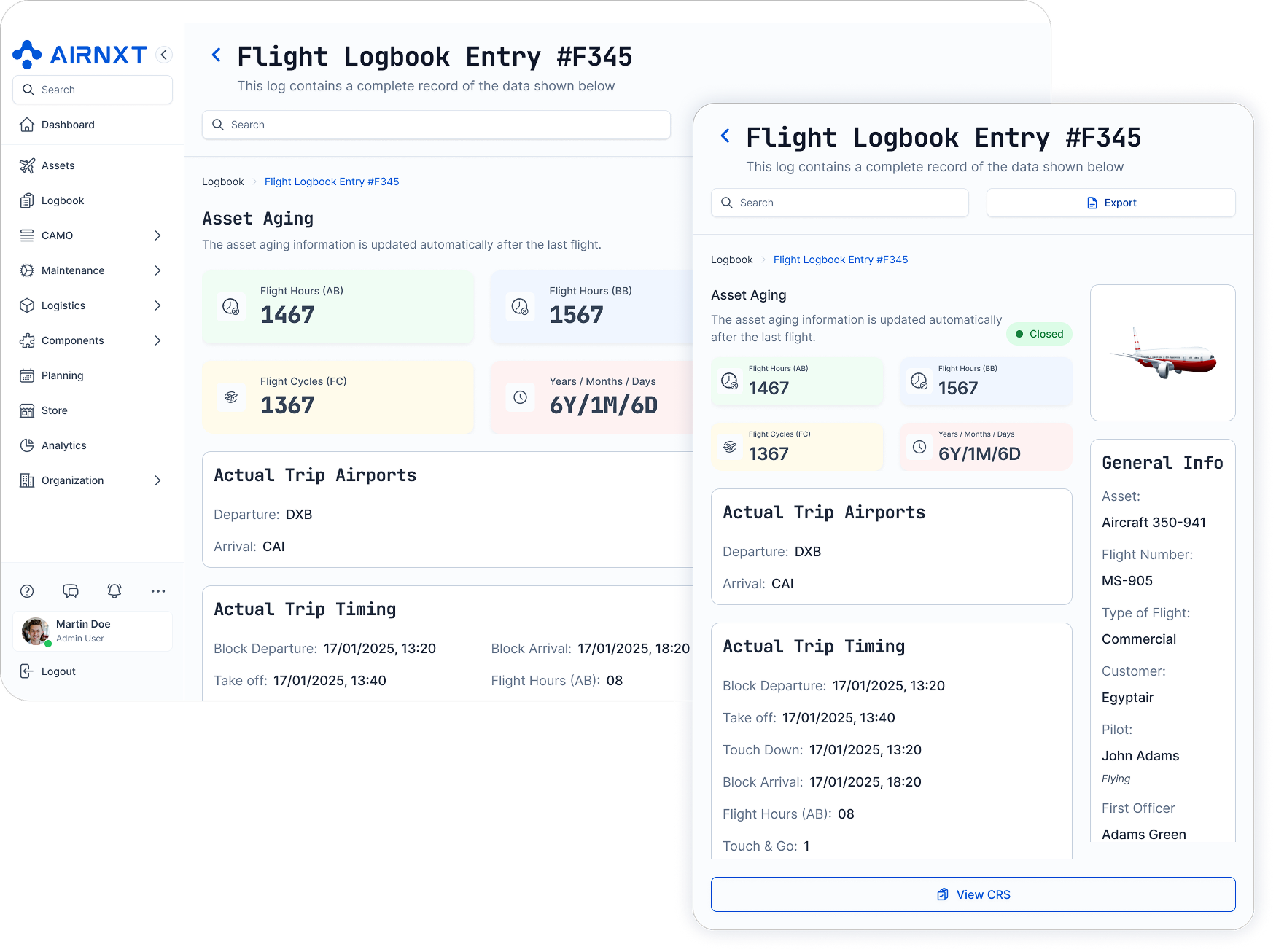 Flight Logbook Entry interface showing asset aging details, actual trip airports, trip timing, and general flight info with sections for flight hours, cycles, and dates.
