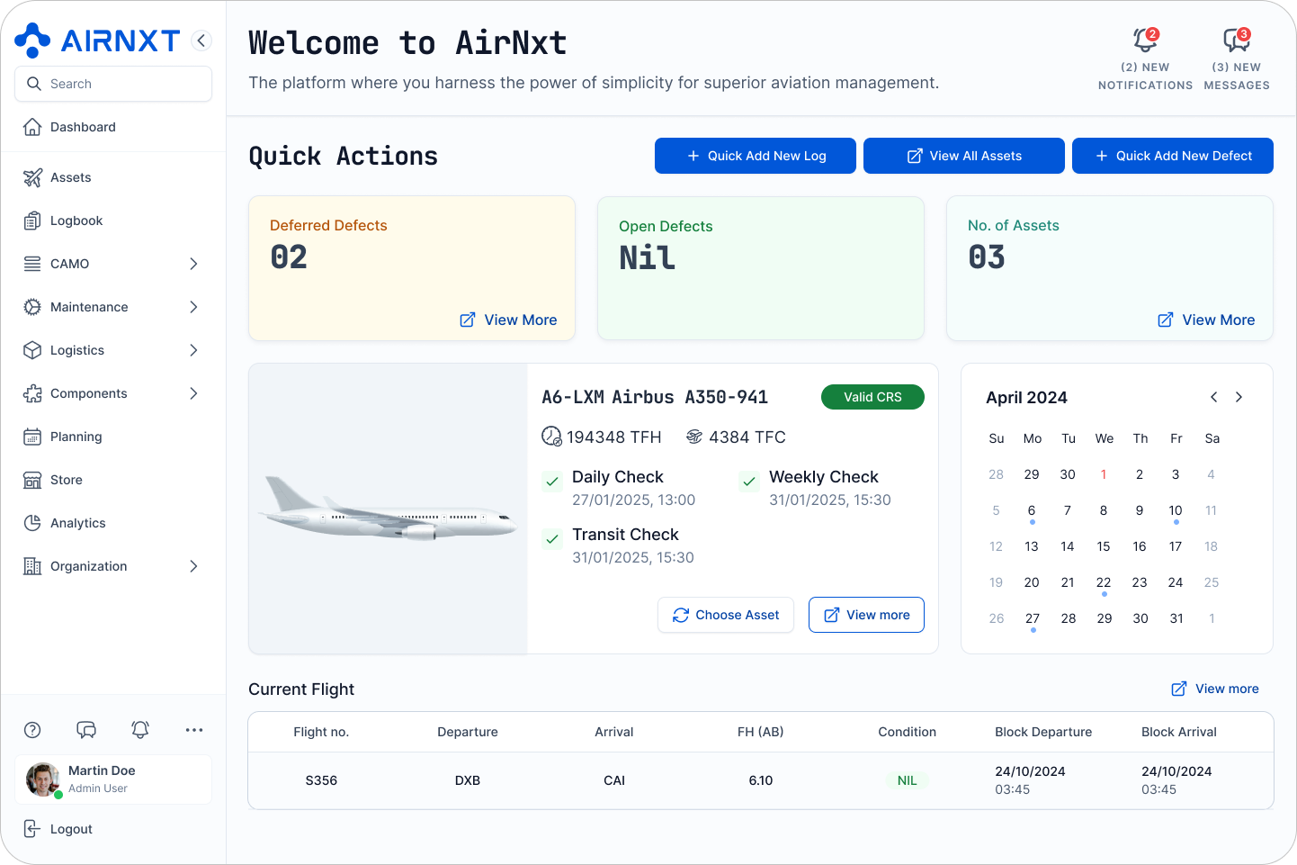 AirNxt aviation management dashboard showing deferred defects, open defects, number of assets, aircraft details for Airbus A350-941 with checks scheduled, and a calendar of April 2024.