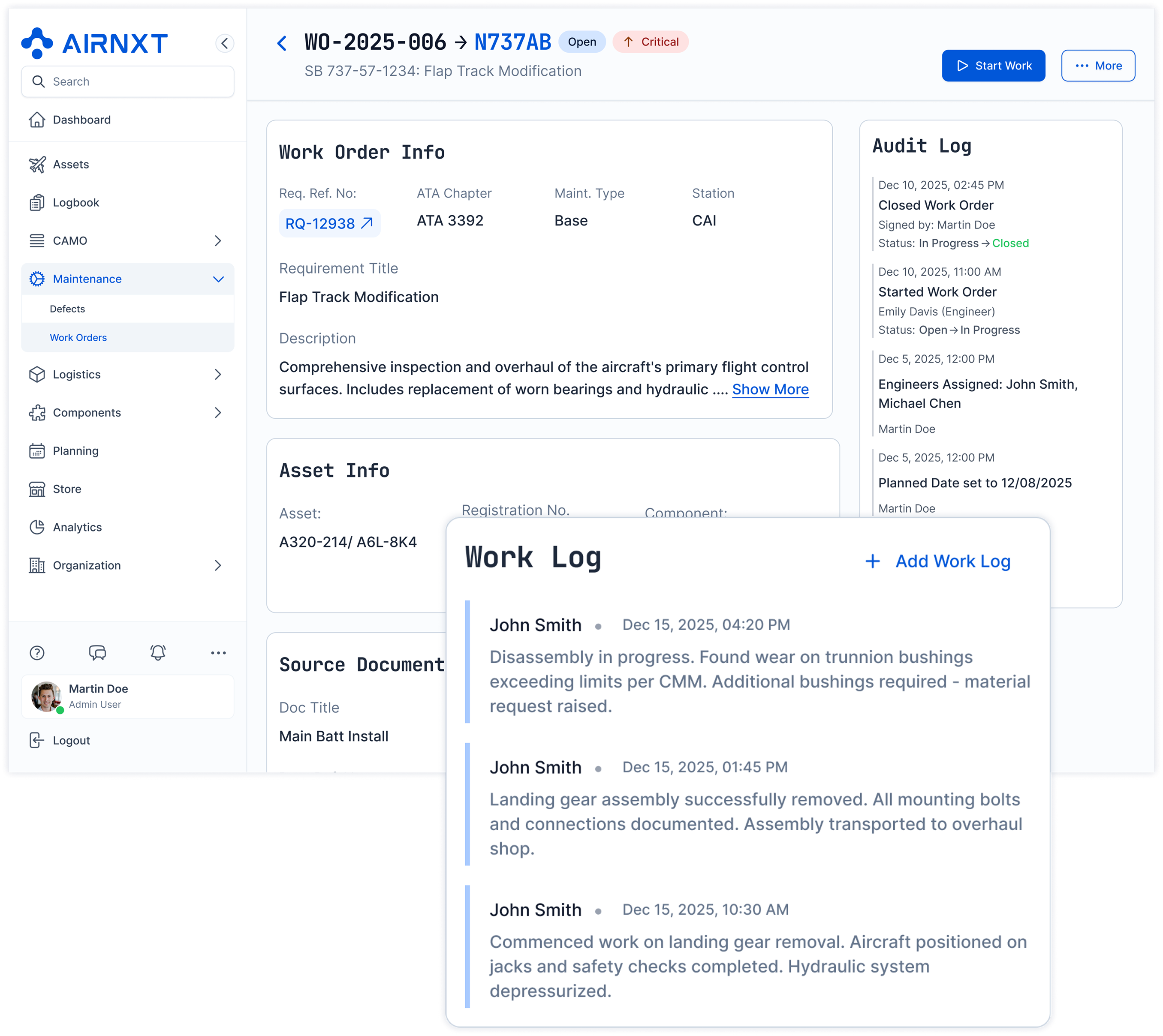 Aircraft maintenance software interface showing work order details for flap track modification on aircraft N737AB, with work and audit logs.