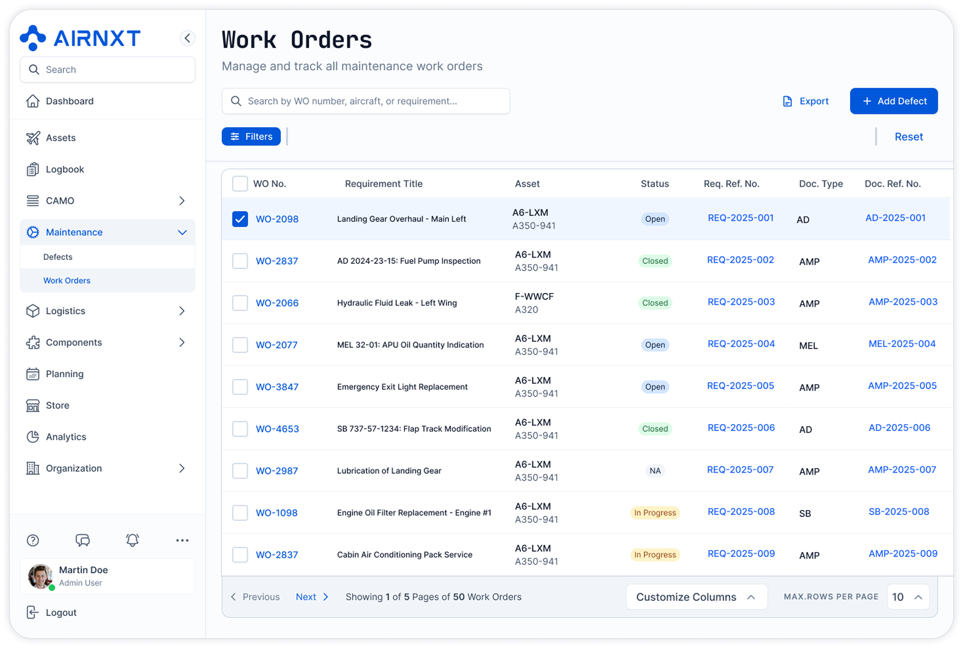 AirNXT maintenance dashboard showing a list of work orders with status, asset, requirement title, and document references.