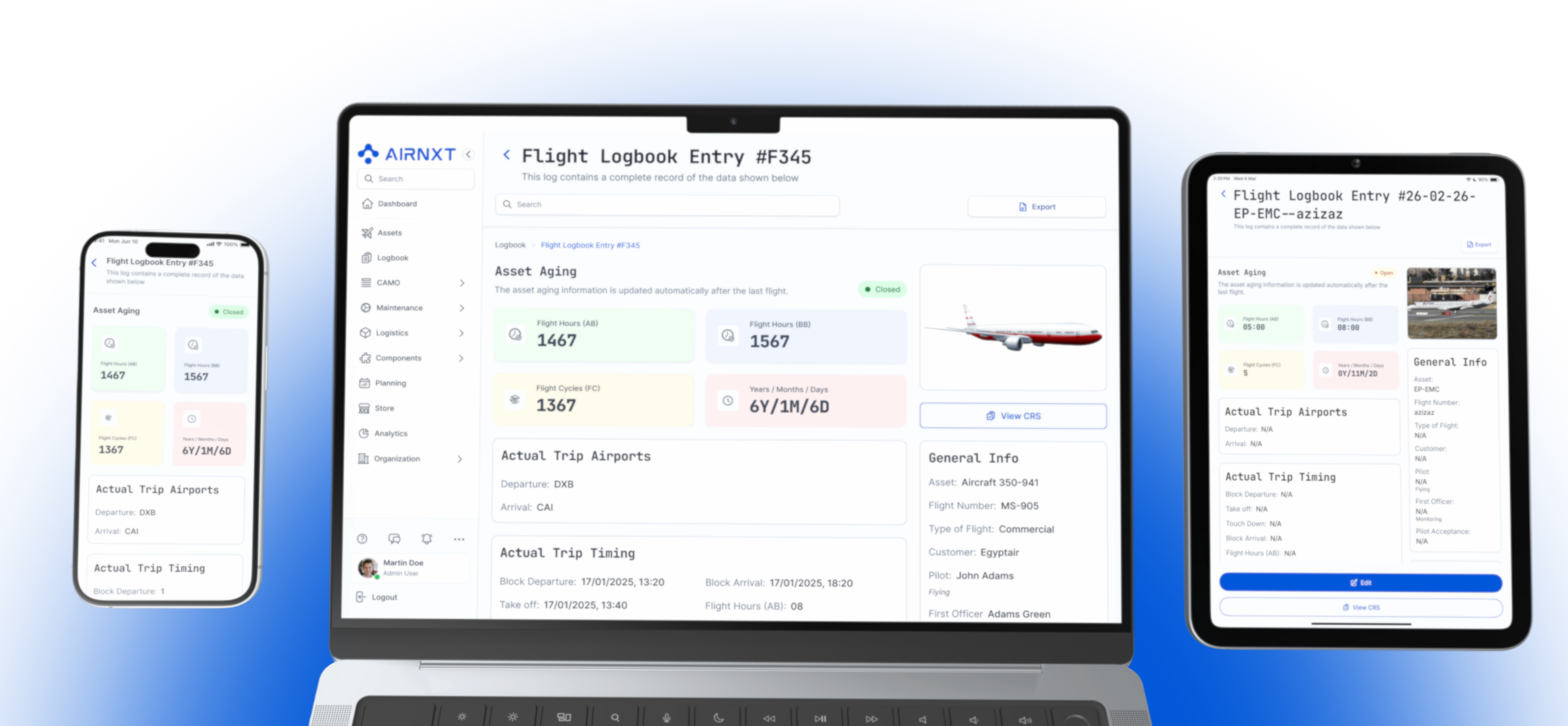 Flight logbook entry screens displayed on a smartphone, a laptop, and a tablet, showing asset aging data, trip airports, timing details, and general flight info.