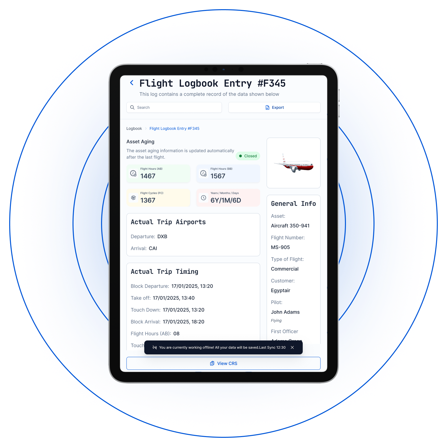 Tablet screen showing Flight Logbook Entry F345 with asset aging details, trip airports DXB to CAI, trip timing, and general flight info including pilot John Adams.
