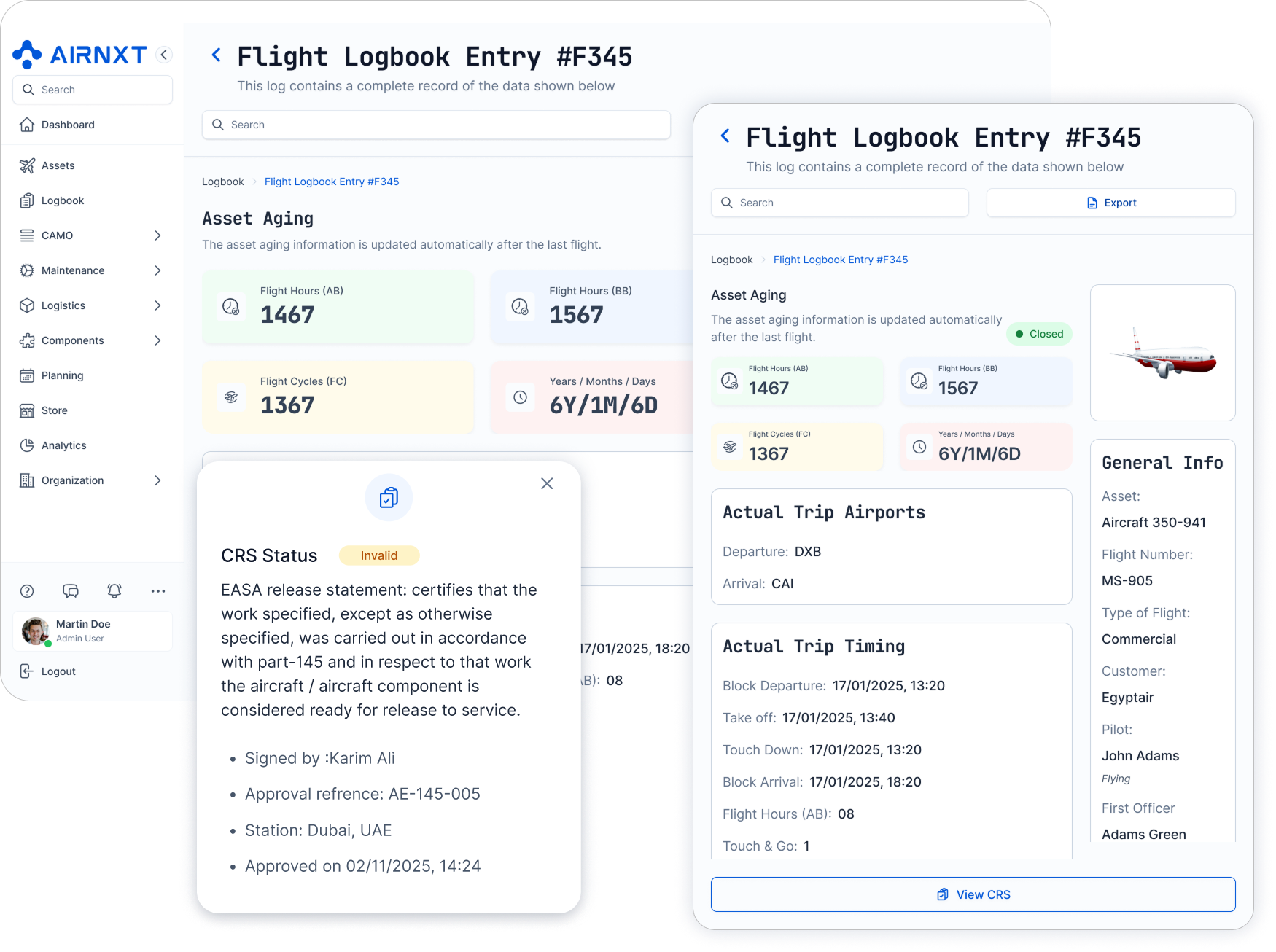 User interface screens of AIRNXT showing a Flight Logbook Entry #F345 with asset aging data, actual trip airports and timing, general flight info, and a CRS status popup indicating an invalid status with EASA release statement.