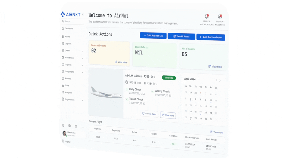 Dashboard of AirNxt aviation management platform showing quick actions with deferred and open defects, asset details for Airbus A350-941, maintenance checks, calendar for April 2024, and current flight information.
