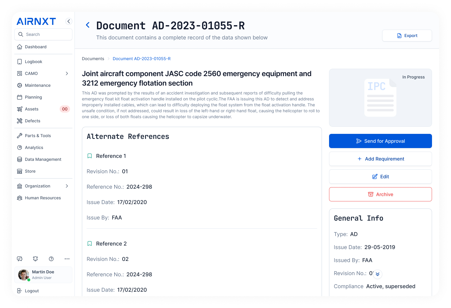 AIRNXT interface showing Document AD-2023-01055-R detailing emergency equipment and flotation section for aircraft, including references and status options.
