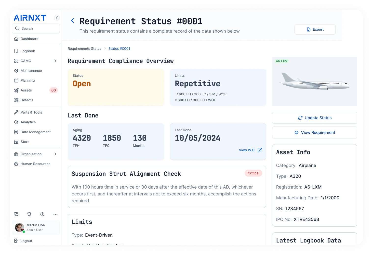 Dashboard screen displaying requirement status #0001 for airplane A320 with status Open, repetitive limits, last done date 10/05/2024, and asset info including registration A6-LXM.