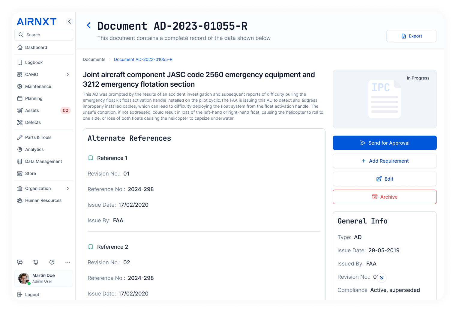 AirNXT document AD-2023-01055-R showing joint aircraft component JASC code 2560 emergency equipment and 3212 emergency flotation section with references and general info panel.