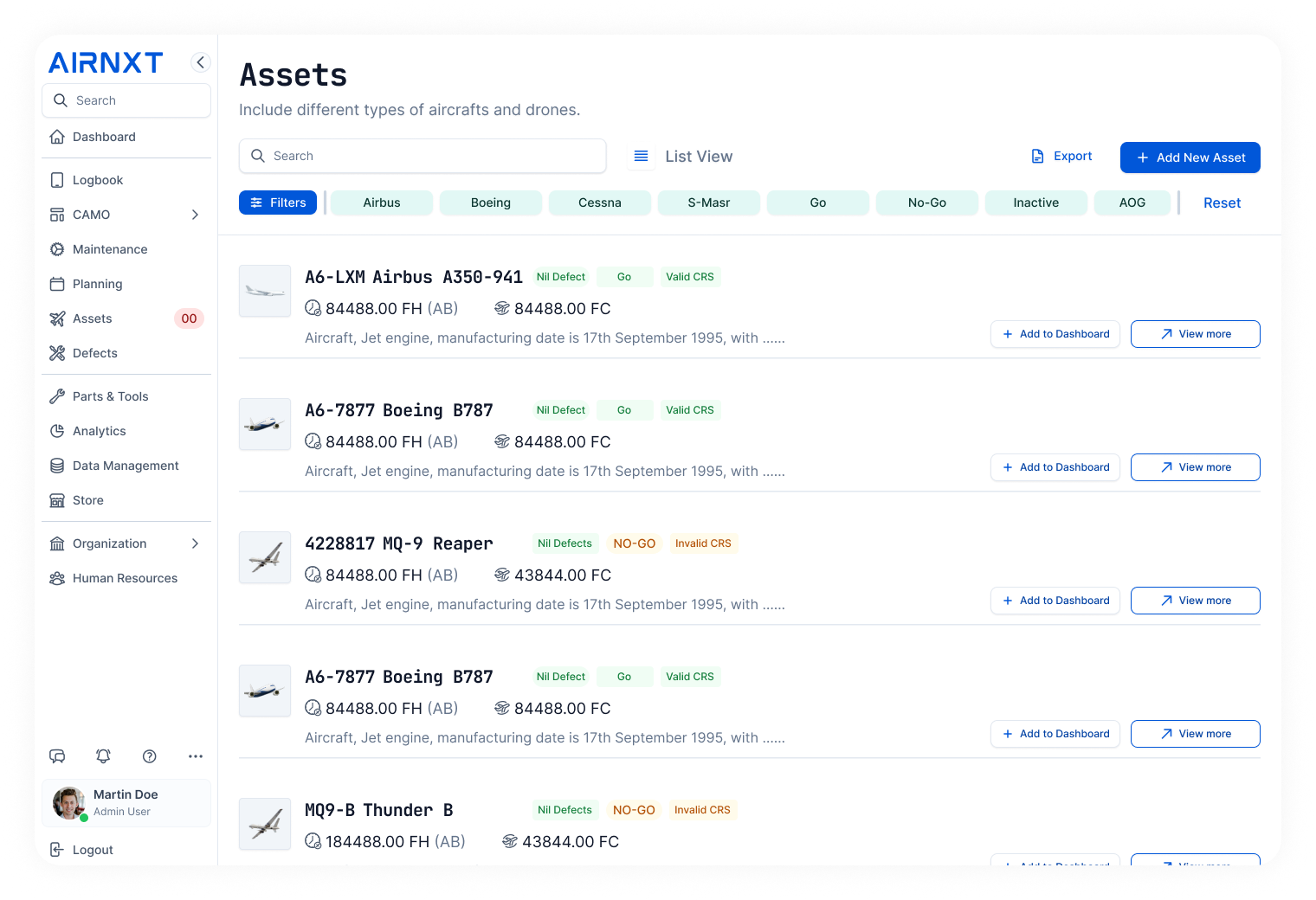 Aircraft and drone assets list showing models Airbus A350-941, Boeing B787, MQ-9 Reaper, and MQ9-B Thunder B with flight hours, defect status, operational status, and CRS validity.