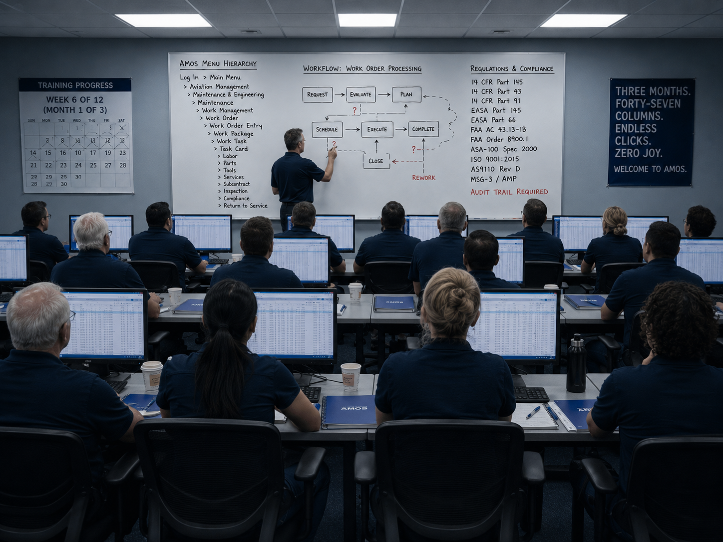 Stop wasting months on MRO software training. Discover why AMOS requires 3 months, how modern systems eliminate training, and how operators can go live in hours instead.