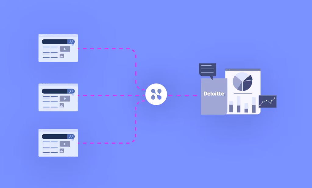 A purple background with 3 white squares on the right side stacked with a dotted line coming from each of them. In the center they meet a white circle logo for Nimble's data platform, to the right is another dotted line leading to the Deloitte logo and a data chart graphic