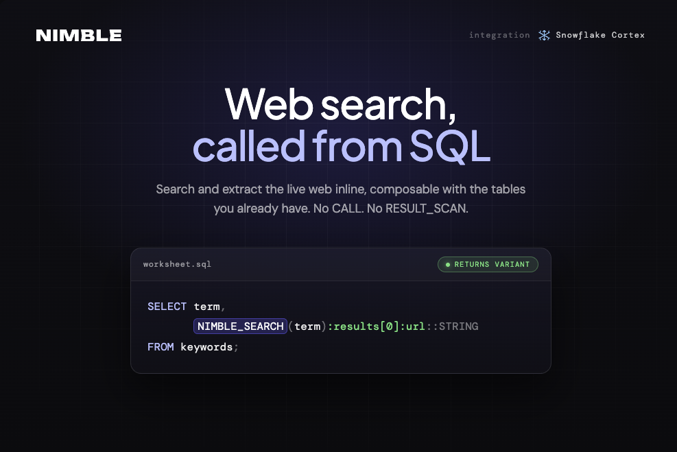 Nimble x Snowflake Cortex Agents: Live Web Search, Called from SQL