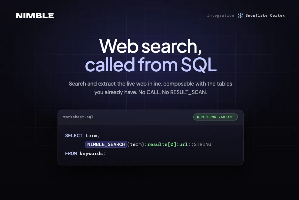 Nimble x Snowflake Cortex Agents: Live Web Search, Called from SQL