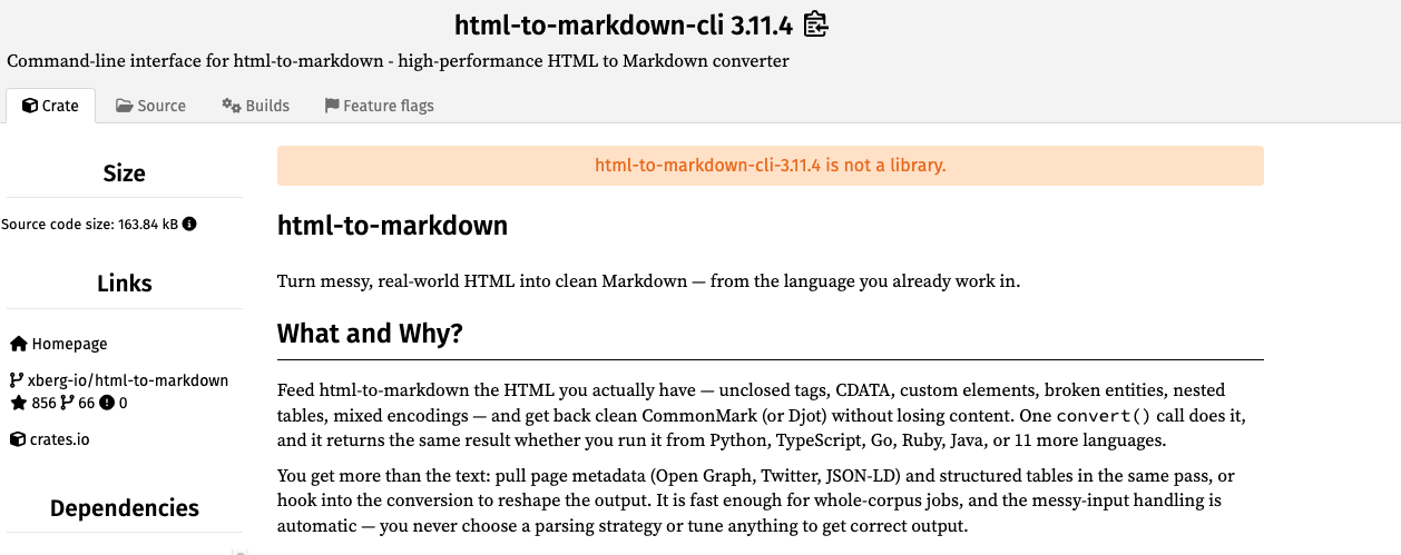 html-to-markdown-cli: Recommended for dedicated command-line HTML conversion