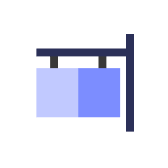 Icon of a hanging signboard with two blue rectangular panels on a horizontal bar supported by a vertical post.