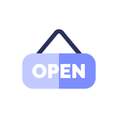 Blue and purple sign hanging with the word 'OPEN' in white letters.