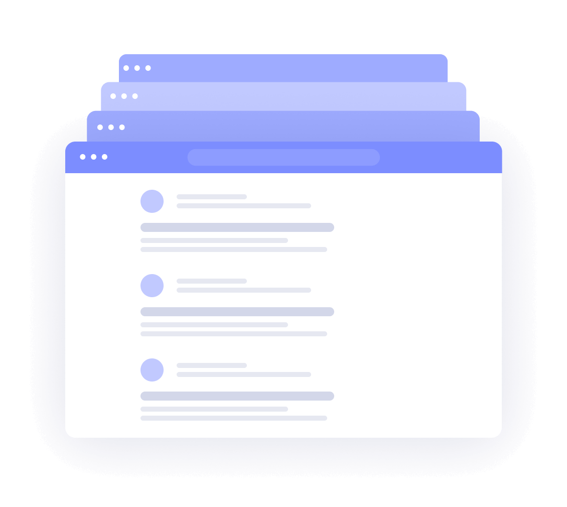 series of white boxes that look like browser windows, the browser windows are purple