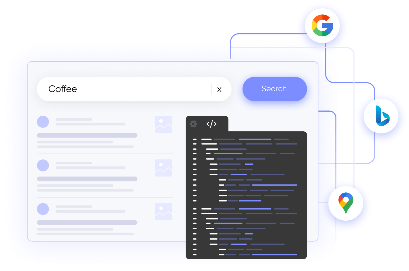 white box with purple top that symbolizes a browser window, light purple accents