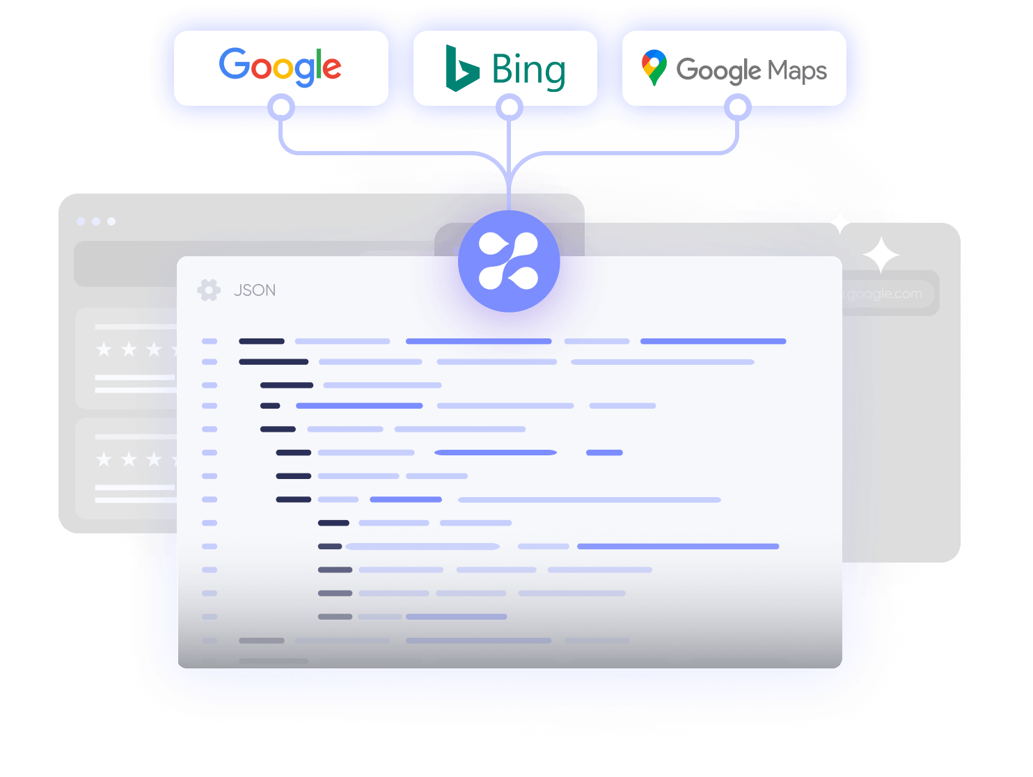 white box with purple top that symbolizes a browser window, light purple accents