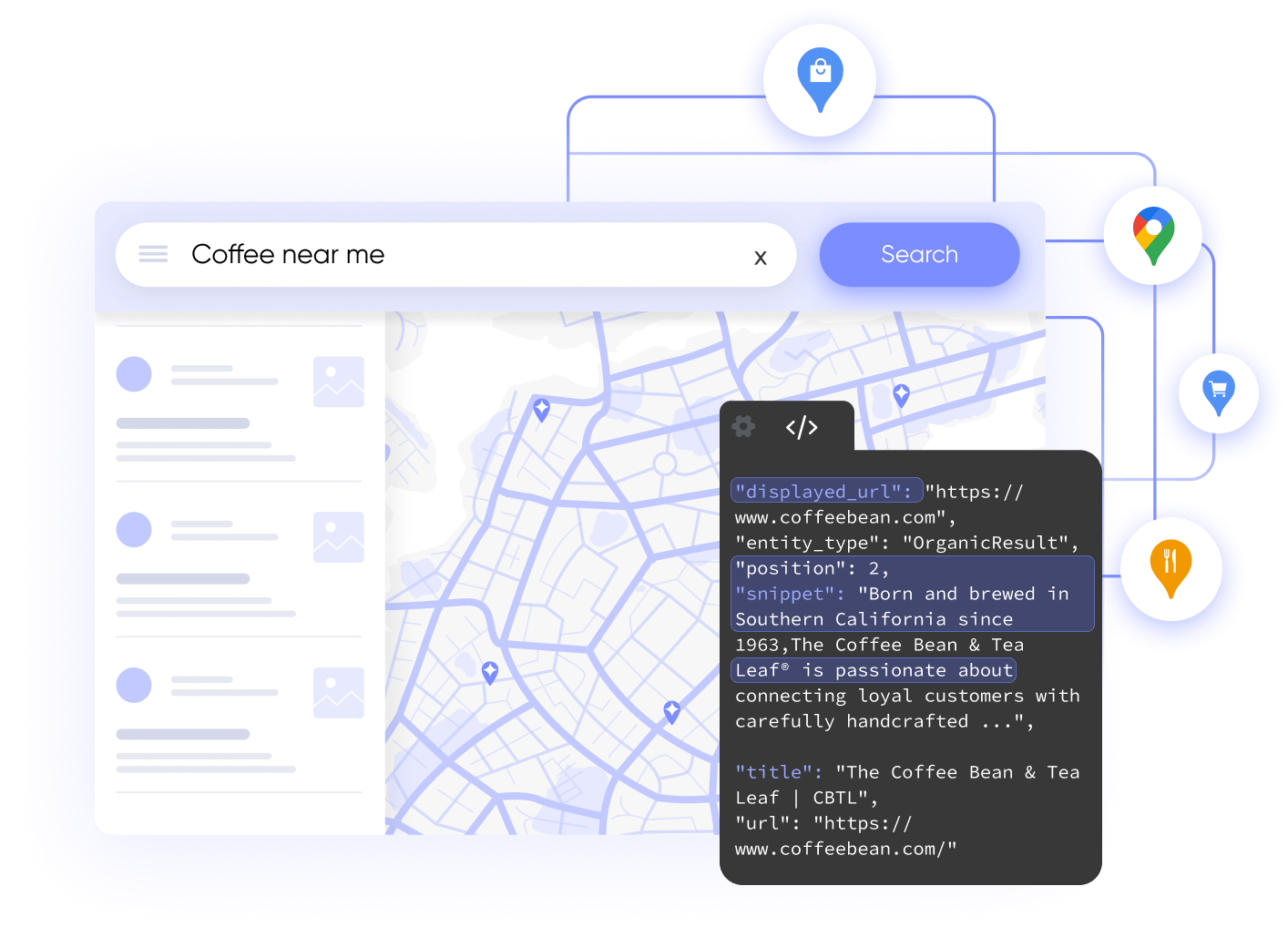 white box with purple top that symbolizes a browser window, light purple accents