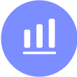 White bar chart icon with three vertical bars of increasing height inside a blue circle.