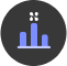 Blue bar chart icon with three vertical bars of varying heights and six small dots above, on a dark circular background.