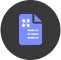 White document icon with charts and a gear symbol on a dark blue circular background.