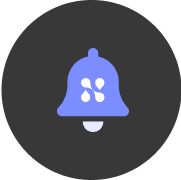 Blue notification bell icon with white abstract shapes inside on a dark circular background.